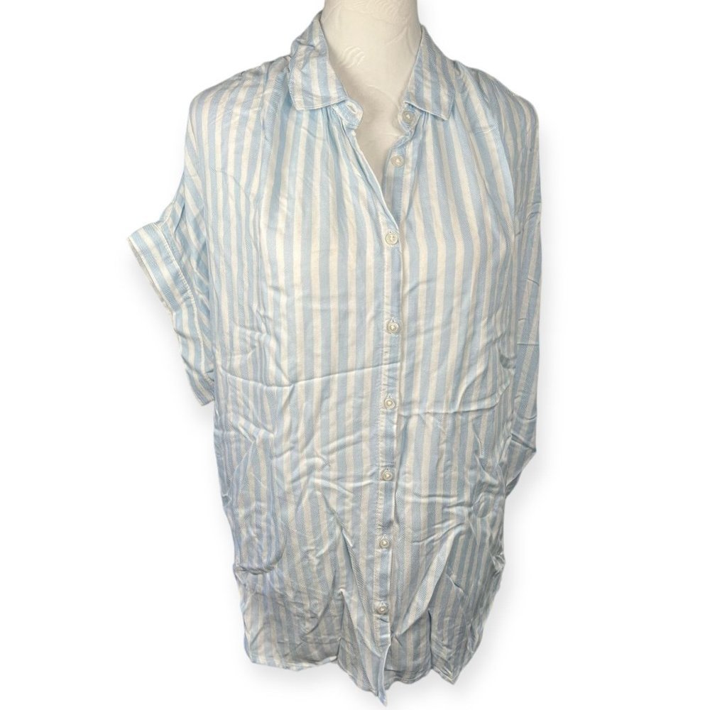 Time and Tru Blue and White Striped Button-Up Blouse